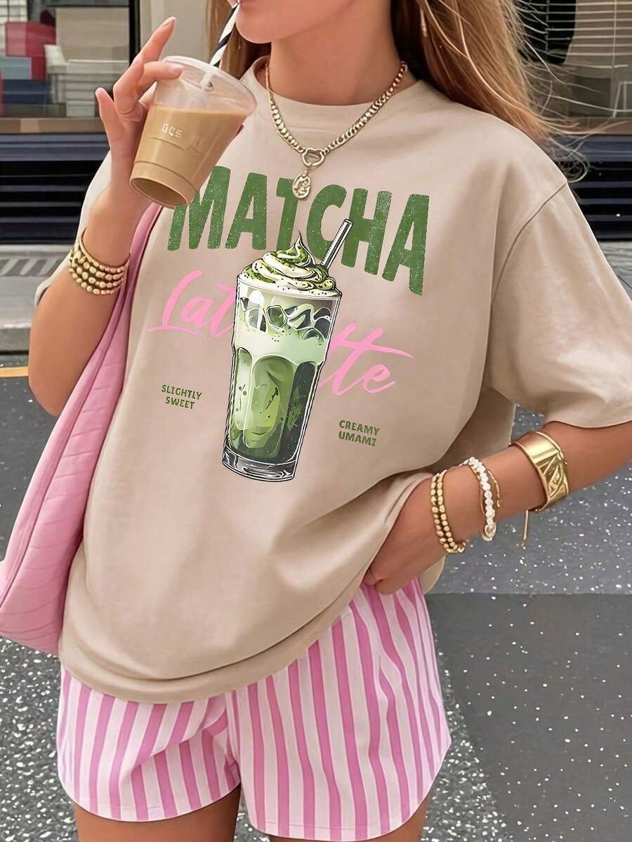 1pcs Women's T-Shirt, Matcha Lovers' Casual Fashion Loose Round-Neck Short-Sleeve Pink T-Shirt For Women, Short-Sleeve Round-Neck Casual Top Women's C - 杏色 - 查看 1