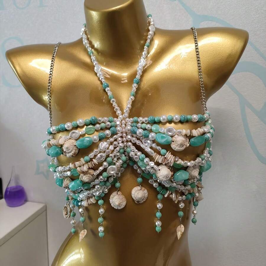 Pearl Beaded Chest Chain, Handmade Halter Vest Style Body Chain, Suitable For Outdoor Use. - Emerald Green - View 1