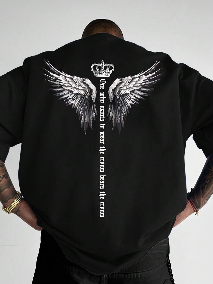 Men's Crew Neck T-Shirt, Streetwear Style, Loose Fit And Patterned - 黑色 - 查看 1