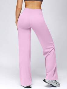 NcmRyu Women's 1pc Design Solid Color High Waist Tummy Control Straight Leg Sports Pants - Pink - View 3
