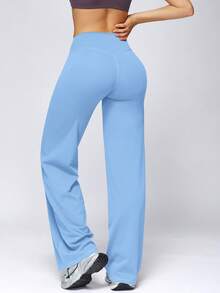 NcmRyu Celana Olahraga Wanita Model 1 Potong, Warna Polos, Pinggang Tinggi, Kontrol Perut, Potongan Lurus - Baby Blue - View 5