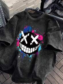 Camiseta holgada de manga corta para mujer, moderna, con cuello redondo y diseño estampado - Negro - Ver 1