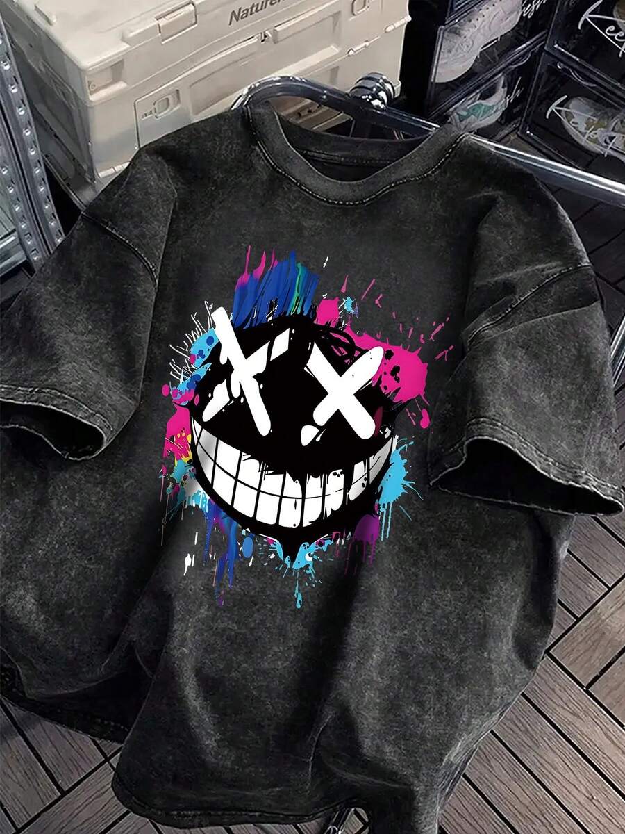 Camiseta holgada de manga corta para mujer, moderna, con cuello redondo y diseño estampado - Negro - Ver 1
