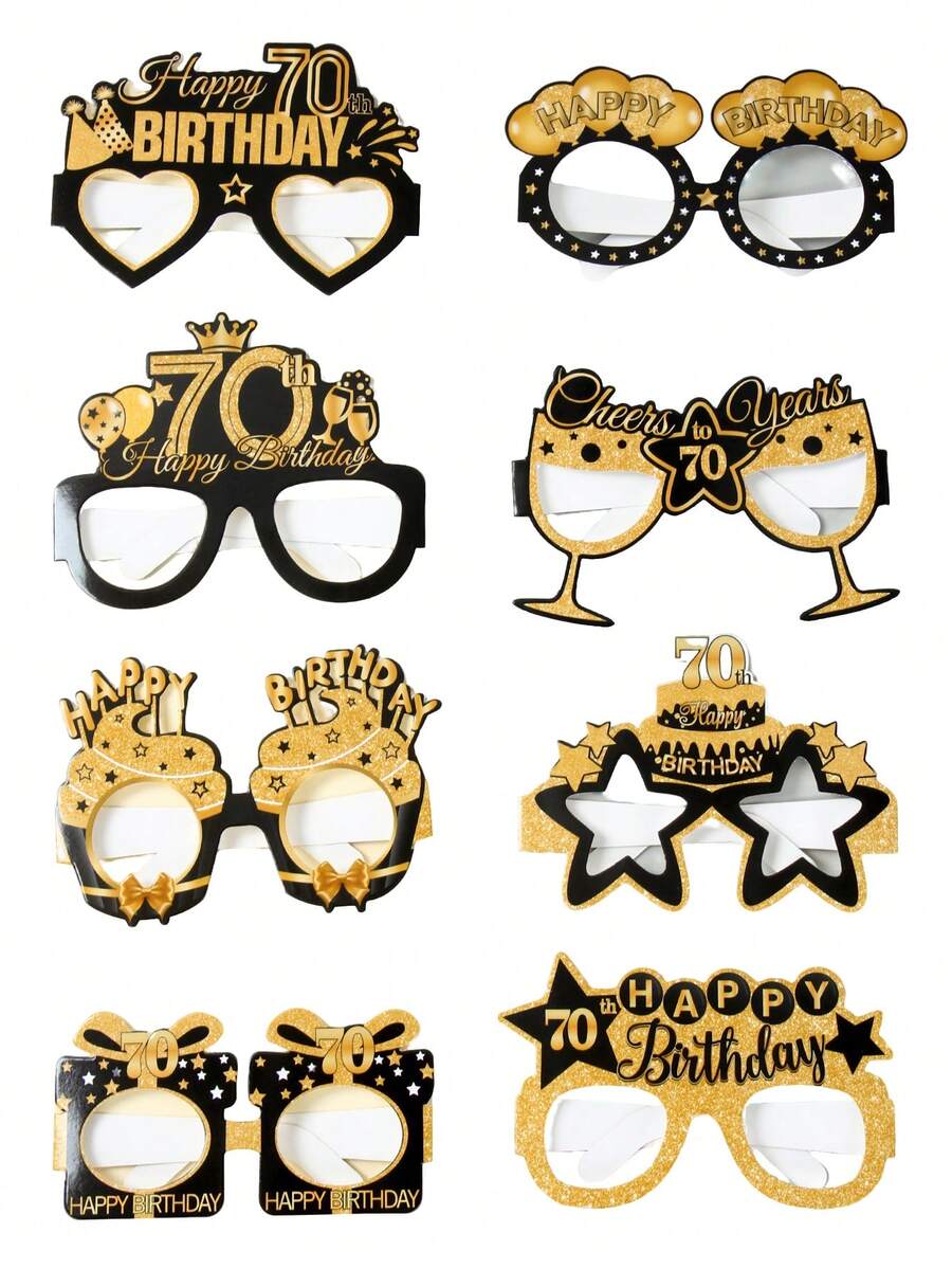 8个黑色和金色70岁生日派对纸杯，70岁生日派对拍照道具，70周年纪念生日派对装饰，生日派对用品，70岁生日庆祝礼品，70岁生日家居装饰，生日派对配件