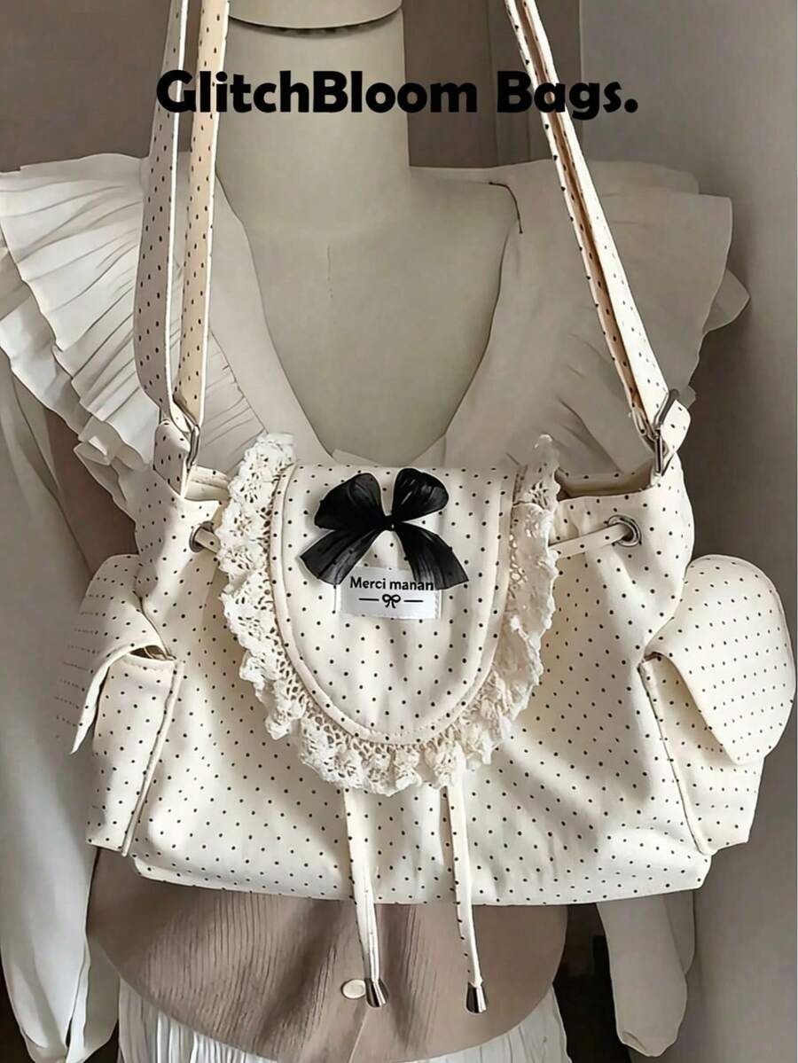 Túi đeo vai ren chấm bi dễ thương - Túi đeo chéo trang trí nơ xinh xắn, phong cách Lolita. - trắng - Xem 1