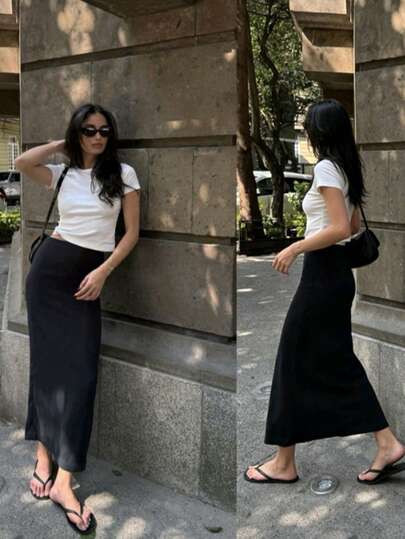 Black Slim Fit Long Straight Skirt, Women's Fashion Polyester Casual Party Skirt, Versatile And Cute, Suitable For Daily Wear, Summer Vacation. Perfect For Beach, Music Festival And Summer Holiday, 90s