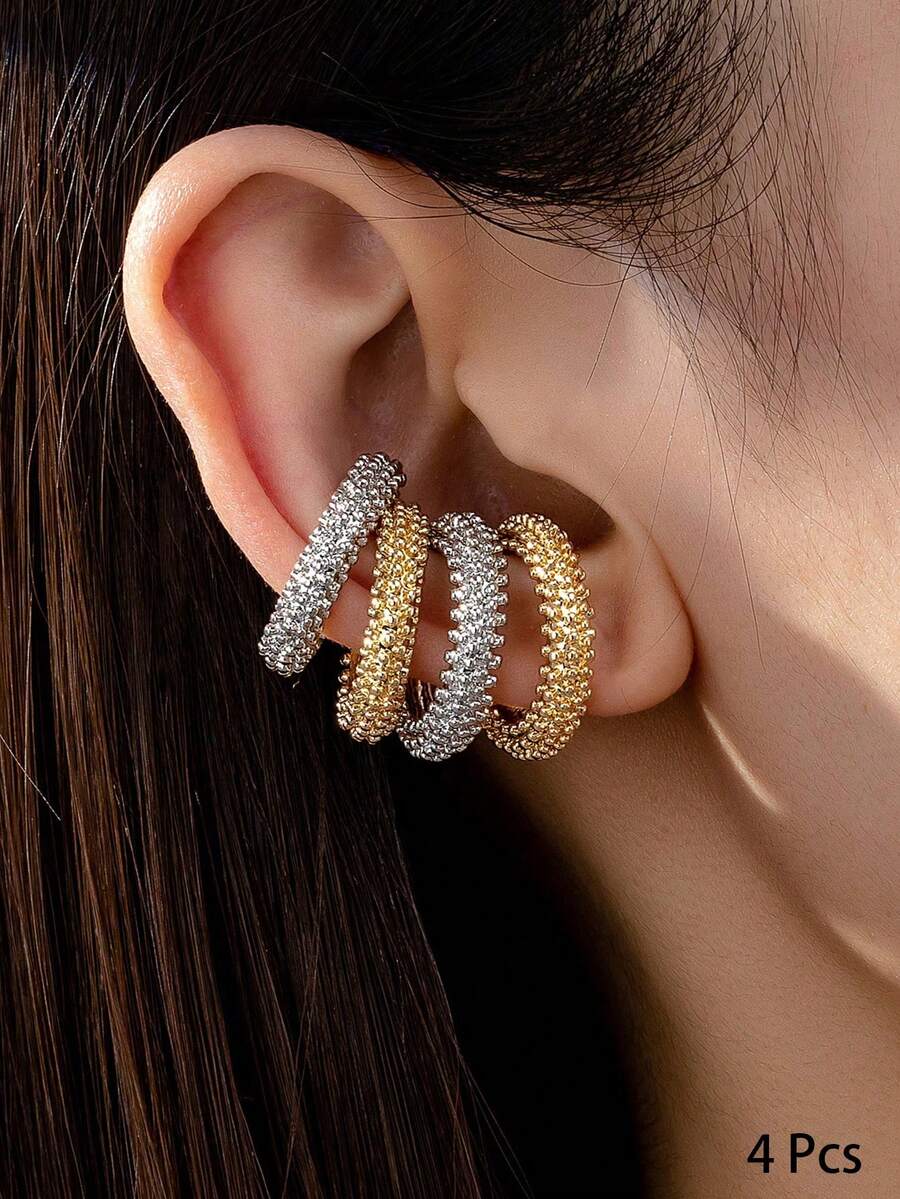 Set de 4 piezas de pendientes de oreja con aros de metal gruesos y minimalistas (para mujeres) - Multicolor - Ver 1