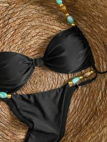 Conjunto de Bikini con Cuello Halter y Amarre en la Espalda para Mujer, Estilo Bohemio con Bloques de Color y Tirantes de Hombro con Cuentas, Adecuado para Vacaciones en la Playa Blan - Negro - Ver 4
