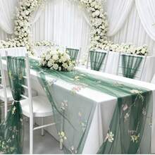 Embroidered Butterfly & Floral Table Runner Suitable For Weddings - Elegant Sheer Table Decor With Embroidery, Fabric, Length For Chair Back, Veil Or Party Decoration, Multi-Use Decorative Table Runner For Special Events - Dark Green - View 2