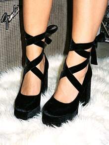 Lace Up Mary Jane Heels For Women Platform Chunky Heeled Shoes Goth Round Toe Y2K High Heels - Black - View 11