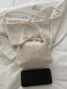 Solid Color Mini Straw Woven Foldable Drawstring Shoulder Bag (Flower Position And Color Randomly Vary) - Beige - View 10