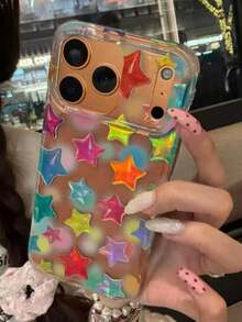 Cute Y2K Gradient Colorful Randomly Arranged Star Transparent Glitter Phone Case Compatible With IPhone 16 15 14 13 12 11 Pro Max Cute Candy Color Shockproof Soft Shell - Color - View 2