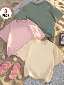 3pcs/Set Kaos Musim Panas Ukuran Besar untuk Anak Perempuan, Kaos Kasual Longgar, Bernapas, Warna Polos, Pakaian Sehari-hari Serbaguna, Gaya Manis & Imut untuk Remaja - Hijau - View 1