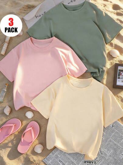 3pcs/Set Girls Oversized Summer Tees, Casual Loose Fit Breathable Solid Color T-Shirts, Versatile Daily Wear, Sweet & Cute Style For Teens