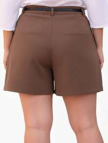 Women's Plus Size Tailored Shorts With Belt And Pockets, High Waist - Rust Brown - View 3