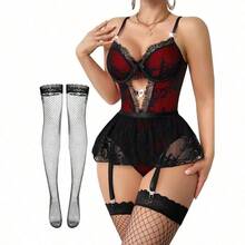 Lilosy Sexy Stocking Rhinestones Heart Garter Underwire Floral Mesh Lace Sheer Babydoll Lingerie Teddy Bodysuit Skirt Set - 尖頂黑紅 - 查看 1