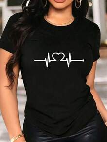 Women's Graphic T-Shirt, Long Sleeve, Round Neck, Basic, Comfortable, Cool, Lightweight, Modern, Youthful, Casual, Urban, Soft, Cool Print, Heart, Stripes, Lines, Pulse, Zigzag - 黑色 - 查看 7