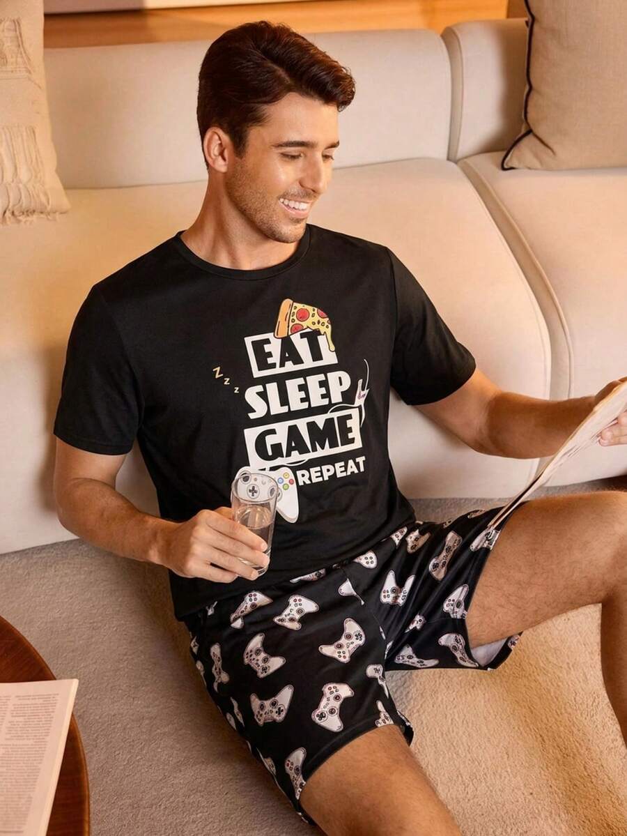 Men's Game Controller Printed Image Printed Pajama Set Short Sleeve Top And Shorts