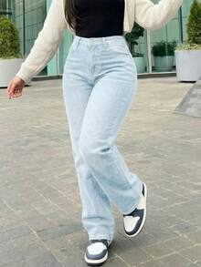 Women's Vintage-Style Wide-Leg Straight-Leg Jeans, Casual For Spring - 輕柔的洗滌 - 查看 9
