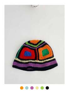 Colorful Handmade Contrast Color Minimalist Niche Design Crochet Hollow Drape Bucket Hat For Women, Artistic Face-Slimming Bucket Hat, Maillard Handmade Knitted Bucket Hat - Multicolor - View 21