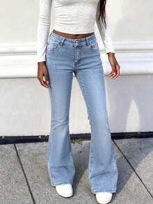 Comfortable Stretch Fabric, Low-Waist Style, Front Button Closure, Slim & Sexy, Washed Solid Color Pocket Women's Jeans - Medium Wash - View 5