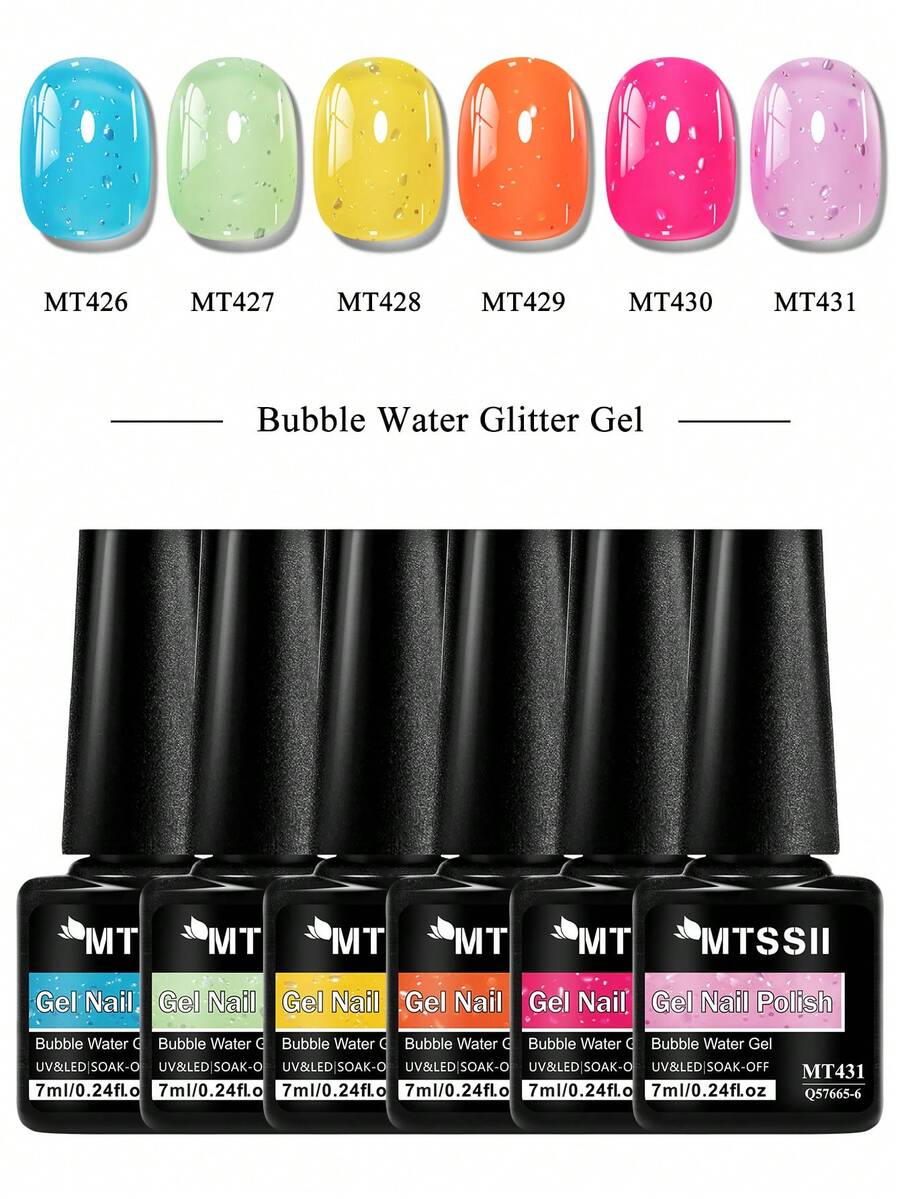 Mtssii 6入 7ml 泡泡水亮片凝膠指甲油套組 夏季半透明果凍 UV/LED 浸泡式凝膠指甲油,閃亮亮片半永久美甲美甲油,適用於居家沙龍,易於塗抹,持久,適合日常與派對穿搭 - 彩色 - 查看 1