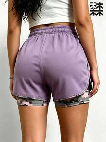 mulinsen Women's 2-In-1 Colorblock Sports Shorts With Lining And Phone Pocket, Suitable For Summer Running - Mauve Purple - View 1