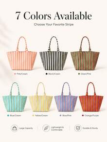 (客製化) 個性化刺繡極簡條紋帆布托特包，原創小眾百搭通勤大容量手提包，學生校園單肩包 - 彩色 - 查看 9
