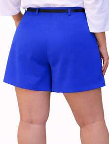 Women's Plus Size Tailored Shorts With Belt And Pockets, High Waist - Royal Blue - View 3