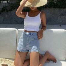 jianchaimaoyi02  Shorts vaqueros casuales de verano tipo A-line para mujer, shorts vaqueros sexy y elegantes - Celeste - Ver 5