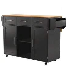Dining Room Sideboard/Buffet 139 X 46 (71) X 91.5 Cm, Black Frame, Solid Wood Top With Wood Effect Finish, Drop-Leaf Top, Storage Door, Casters, Replaceable Solid Wood Legs, Ideal For The Dining Room And Kitchen. - Black - View 2