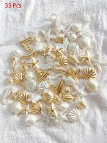 35/60 Pcs Ocean Style Beads, Shell Beads Conch Seahorse Pentagram Shapes. DIY Spacer Beads For Jewelry, Bracelets, Hair Decor, Phone Case & Crafts - White - View 10