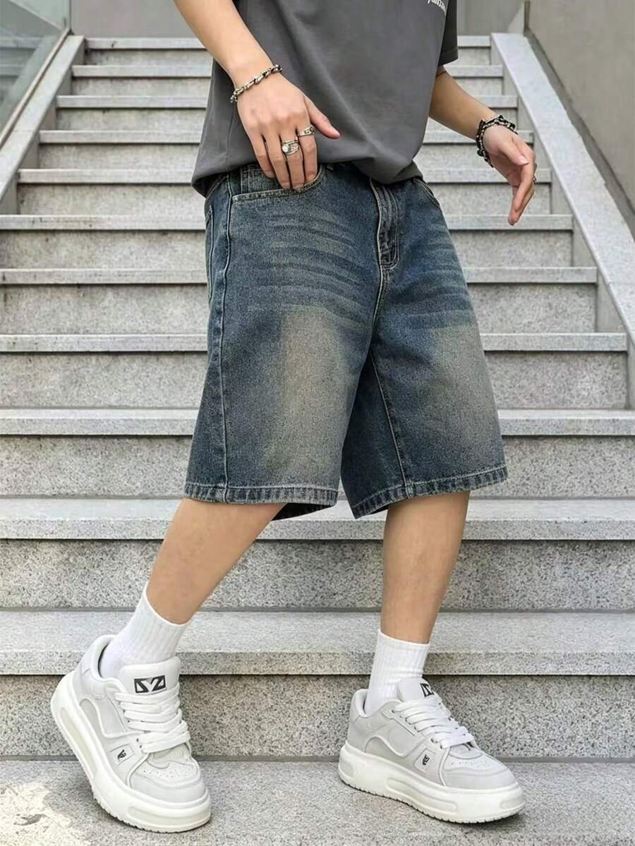 Celana Pendek Denim Longgar Vintage untuk Remaja - Medium Wash - View 1