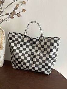大容量 PVC 托特包，「TOTE BAG」字母印花，通勤、上學、購物皆宜的多功能休閒包 - 彩色 - 查看 9