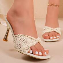 Women's Lace Hollow Out Cone Heel Mule Shoes, Elegant Open Toe Summer High Heel Slippers - Beige - View 3
