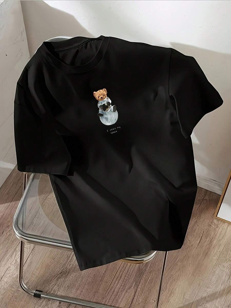 Cartoon Print Crew Neck Short Sleeve Women's Casual Sports T-Shirt - 黑色 - 查看 1