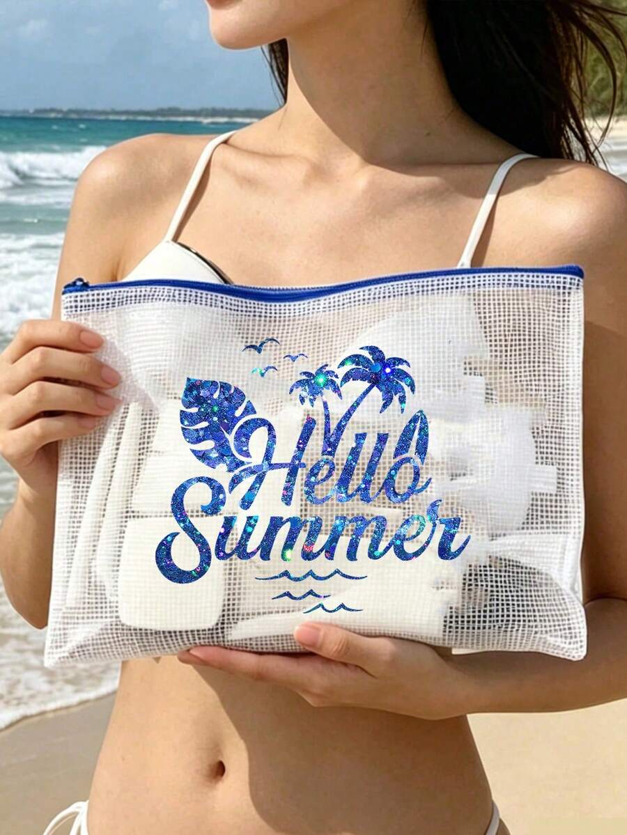 大容量防水收納袋,印有閃亮「Hello Summer」圖案化妝包,海灘主題,大容量透明化妝包,輕巧,春/夏季收納,耐用,非常適合游泳、海灘、潛水和夏季度假,學生返校,輕巧防曬收納袋,適合朋友、家人、女朋友和同學。完美的生日、節日、派對、婚禮(伴娘)、母親節、教師節禮物和紀念品 - 彩色 - 查看 1