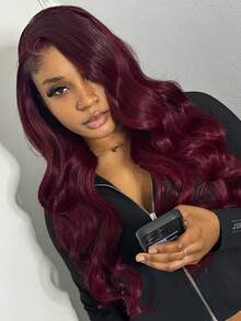 13X4 Front Lace Real Human Hair Wig For Women 99J Burgundy Colored Body Wave Remy Hair With Bangs Long Hair Pre Plcuked Natural Hairline Date Party Vacation 180 Density - S99JA/BUGA - View 6