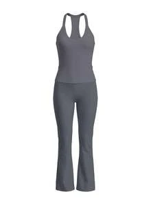 LovelyWholesale Women's Casual V-Neck Solid Color Ribbed Knit Tank Top And Pants 2-Piece Set Summer Outfit Elegant - Dark Grey - View 9