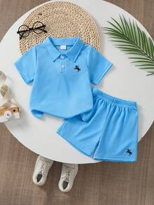 Purechapter Boys' Casual Sports Quick-Dry Solid Color Pony Pattern Polo Collar Button Shorts Set, Summer - Baby Blue - View 2