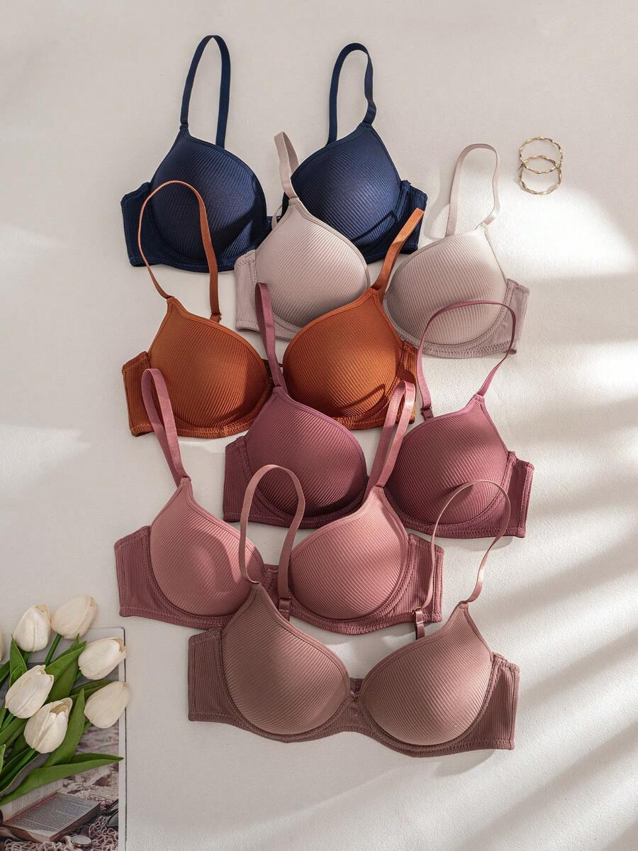 6pcs/Set Women's Solid Color Ribbed Wireless Bra Comfortable Lingerie - Multicolor - View 1