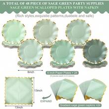 - Juego de 48 platos y servilletas de papel verde salvia, suministros de, platos de papel de postre de 8 pulgadas con borde de aluminio, servilletas festoneadas, vajilla desechable - Verde salvia + 48 - Ver 3