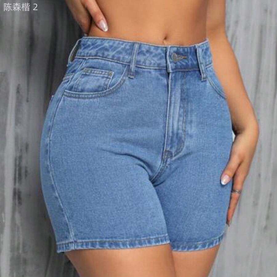 xuehuamaoyi02 Shorts de mezclilla casuales lisos para mujer para uso diario - Lavado ligero - Ver 1