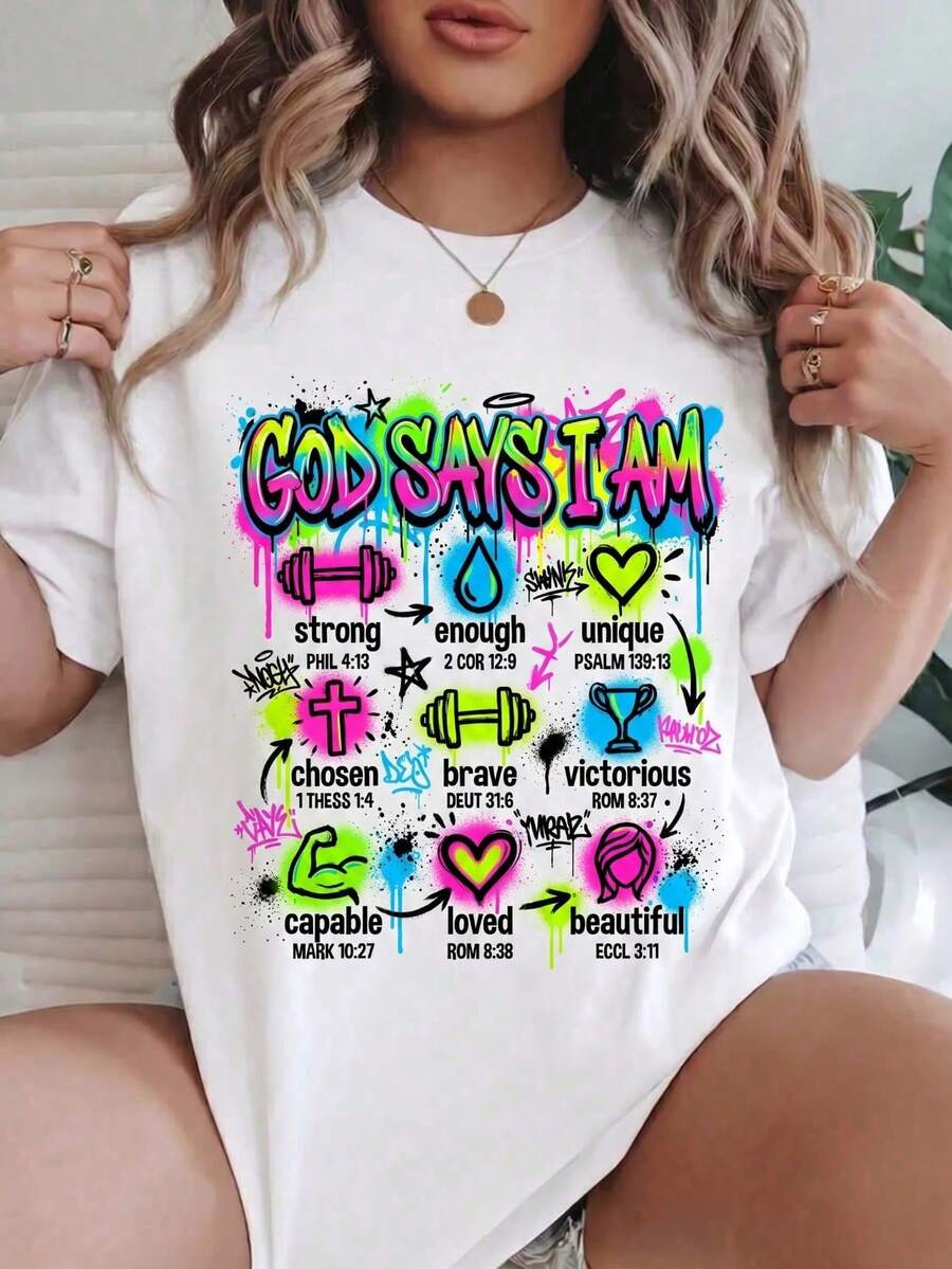 Pure Cotton Blouse, Round Neck, Short Sleeve, Summer Top With Inspirational Phrase "God Says I Am" - Lightweight, Soft, Breathable, Ideal For Workouts And Everyday Wear - Casual Style For Women - 白色 5 - 查看 1