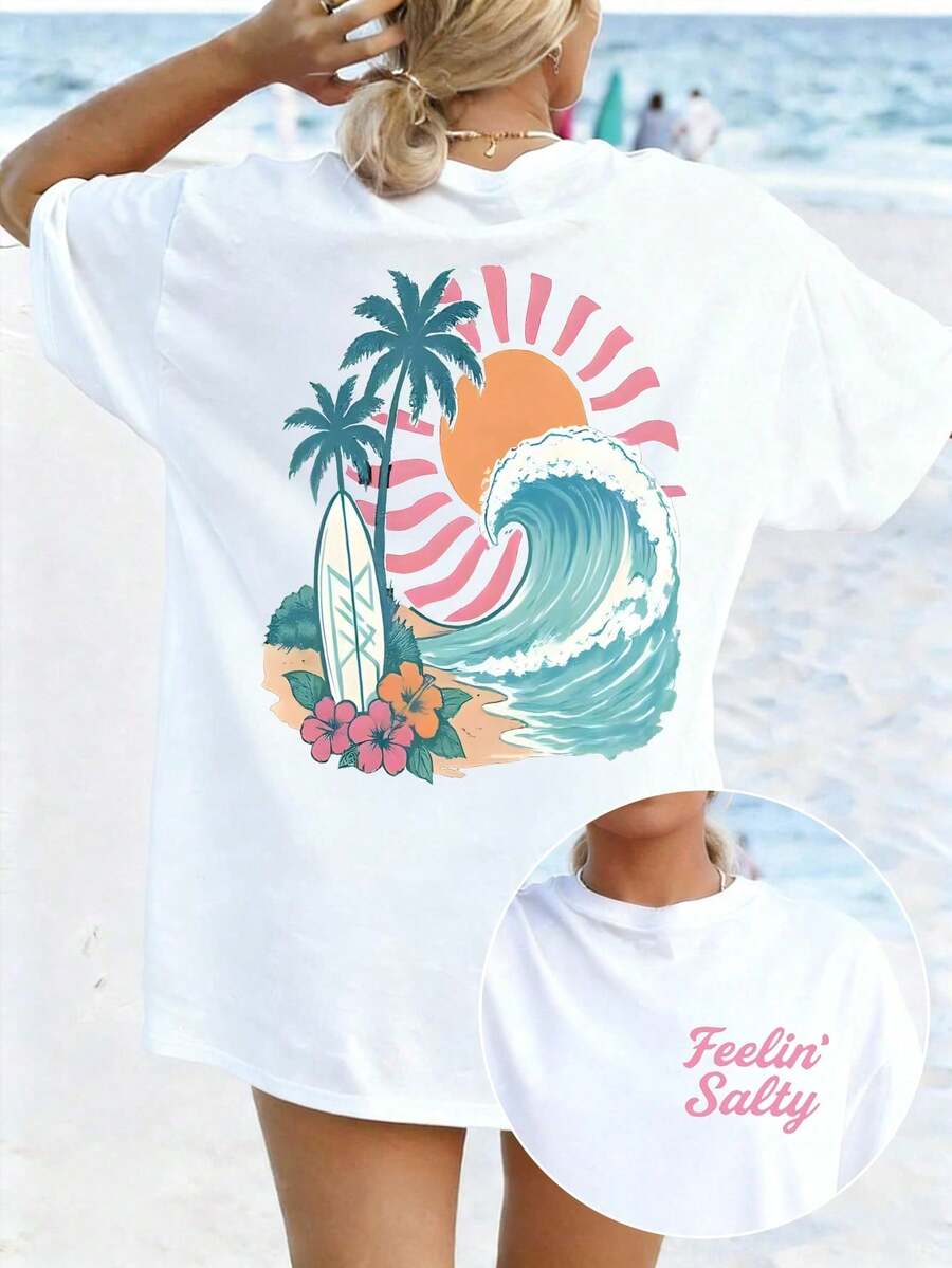 Women's Vintage T-Shirt With Palm Tree And Wave Pattern, Round Neck, Loose Beach Top For Summer, Casual Summer Tops. - White - View 1