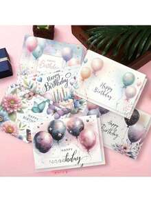 12pcs Watercolor Floral And Butterfly Birthday Greeting Cards With Envelopes - Featuring Soft Designs Of Balloons, Cakes, And Stars Suitable For Various Occasions, Perfect For Family, Friends, Women, And Men, Thank You Cards - Multicolor - View 3