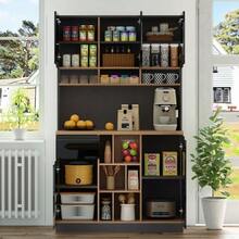 Moderner weißer Küchenschrank (105 * 45 * 185 cm), der als Sideboard oder Vitrine genutzt werden kann. Er verfügt über hochglanzlackierte Türen, Metallgriffe, verstellbare Einlegeböden, Schubladen, offene Ablageflächen und eine Kippsicherung. Geeignet für Küche, Esszimmer und Wohnzimmer. - Schwarz - Übersicht 6