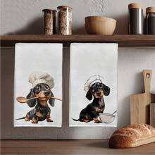2pcs Dachshund Theme Chef Series Illustration Pattern Kitchen Towels, Rectangular Microfiber Kitchen Towels, Dishcloths, Scouring Pads, Hand Towels, Cooking Baking Tea Towels, Kitchen Decor, Housewarming Gift, Birthday Gift, Bathroom Cleaning Wet Wipes, Decorative Towels - Multicolor - View 1