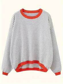 Plus Size Women 2026 Must Have Fall Winter Striped Knit Round Neck Long Sleeve Color Block Striped Knitted Fashion Chic Daily Going Out Loose Knitted Sweater - Grey - View 2
