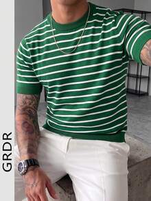 GRDR 1件男士夏季至初秋圆领条纹针织短袖衬衫，休闲户外服饰 - 綠色 - 查看 5